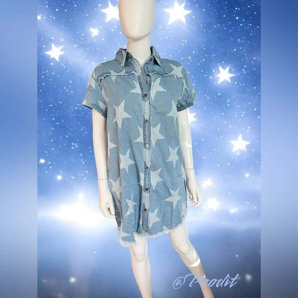 POODIT Super cute button front star dress S M XL - Picture 6 of 9